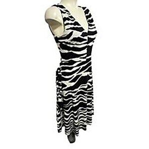 H&M Cream and Black Zebra Print A-Line Waist Tie Midi Dress